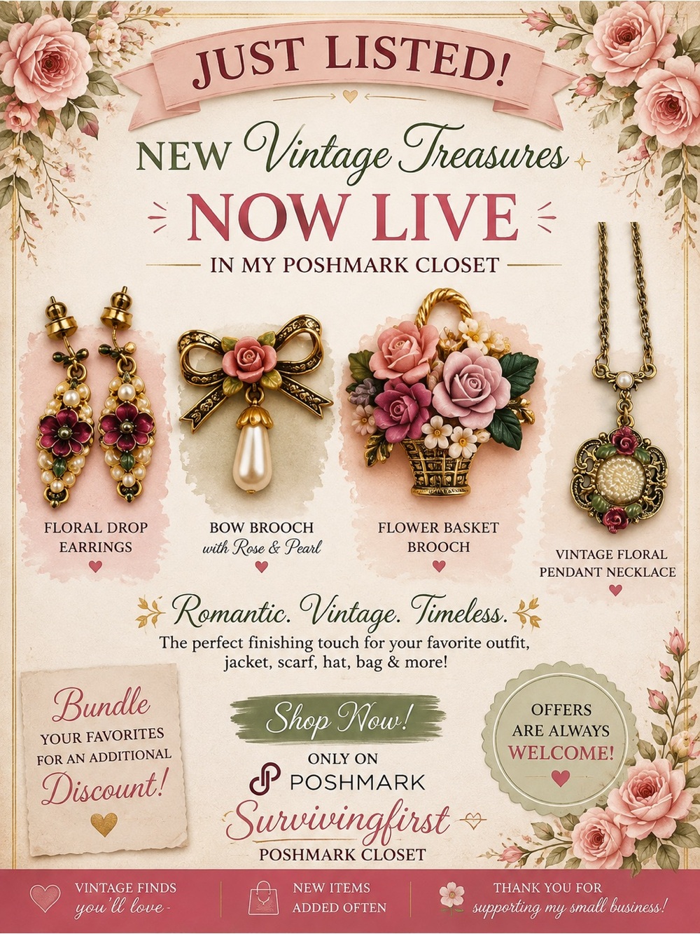 Vintage Floral Basket Brooch - Pink & Gold -